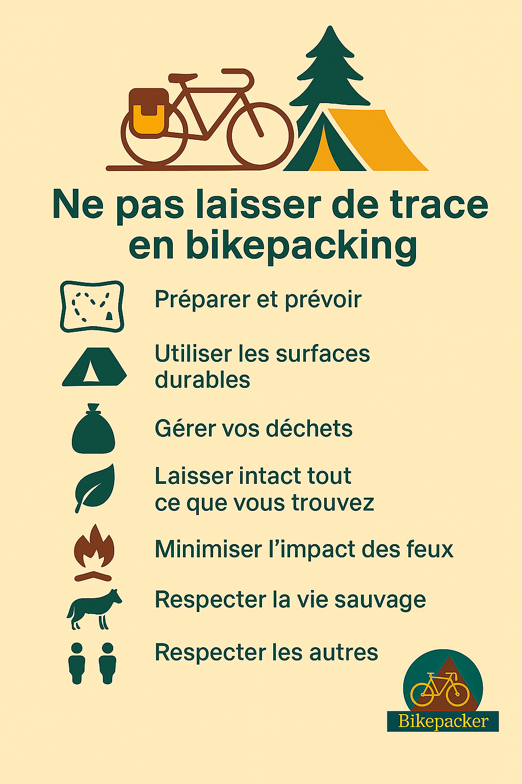 infographie les 7 principes pour ne pas laisser de traces en bikepacking par bikepacker.fr